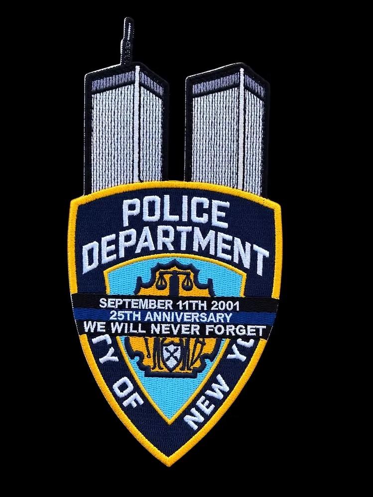 NEW YORK CITY POLICE DEPT (NYPD) '9-11-01 25TH ANNIVERSARY' EMBROIDERED TRIBUTE PATCH DESIGNED AND PRODUCED BY UNDERDOG PATCH PRODUCTIONS.