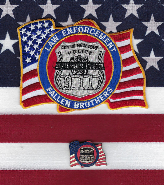NEW YORK CITY POLICE DEPARTMENT (NYPD) '9-11-01 MEMORIAL' PATCH AND PIN SET BY PUBLIC SAFETY COLLECTIBLES.