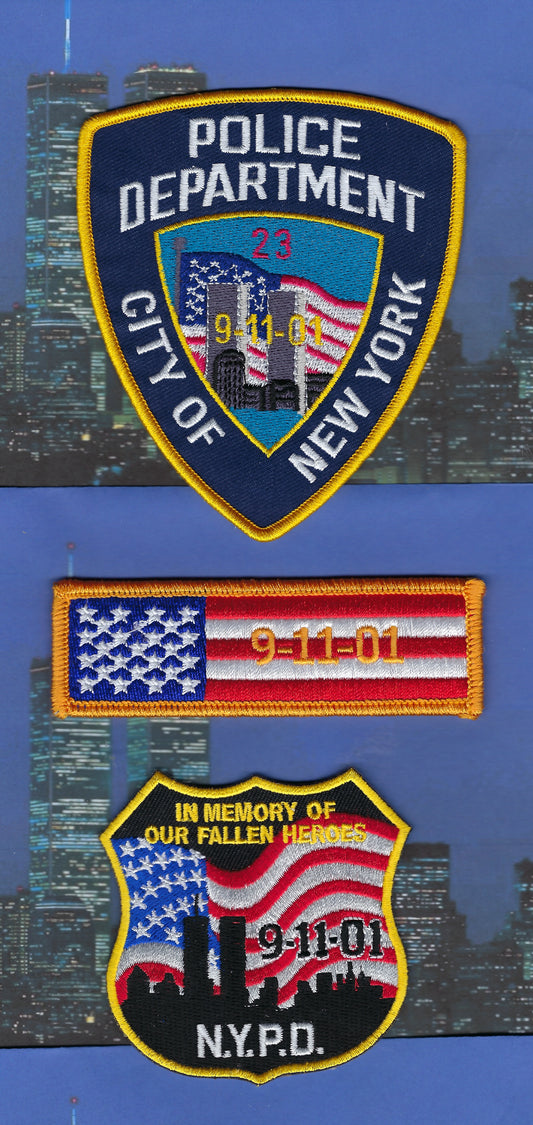 NEW YORK CITY POLICE DEPARTMENT (NYPD) WORLD TRADE CENTER 9-11-01 TWIN TOWERS TRIBUTE PATCHES BY PUBLIC SAFETY COLLECTIBLES.