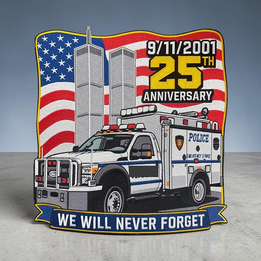 NEW YORK CITY POLICE DEPT (NYPD) 'WE WILL NEVER FORGET' 9-11-01 25TH ANNIVERSARY EMBROIDERED PATCH DESIGNED AND PRODUCED BY UNDERDOG PATCH DESIGNS.
