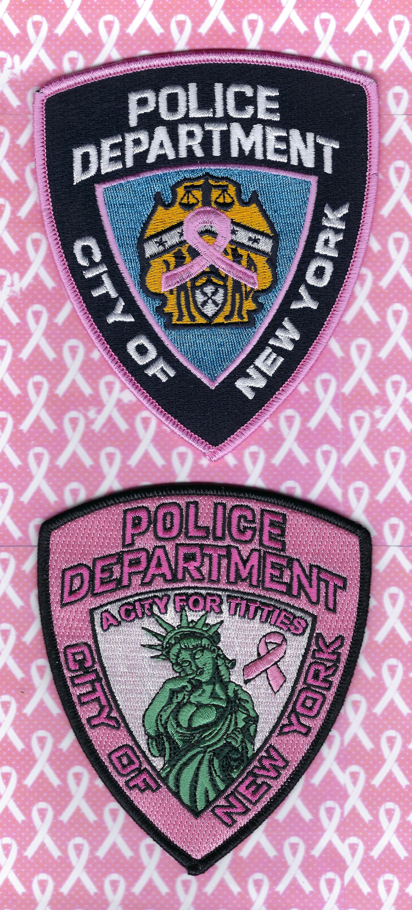 NEW YORK CITY POLICE DEPARTMENT (NYPD) 'BREAST CANCER AWARENESS' EMBROIDERED PATCHES' (2) DESIGNED AND PRODUCED BY PUBLIC SAFETY COLLECTIBLES AND GHOST PATCH ENTERPRISES