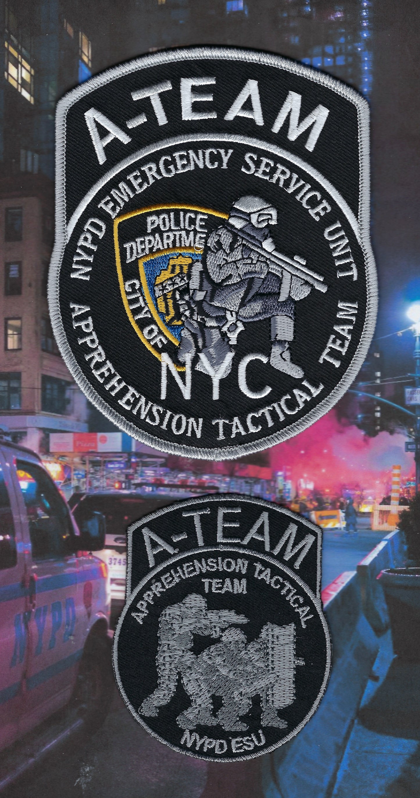 NEW YORK CITY POLICE DEPARTMENT (NYPD) EMERGENCY SERVICE UNIT (ESU) 'APPREHENSION TACTICAL TEAM' EMBROIDERED PATCHES BY PUBLIC SAFETY COLLECTIBLES.