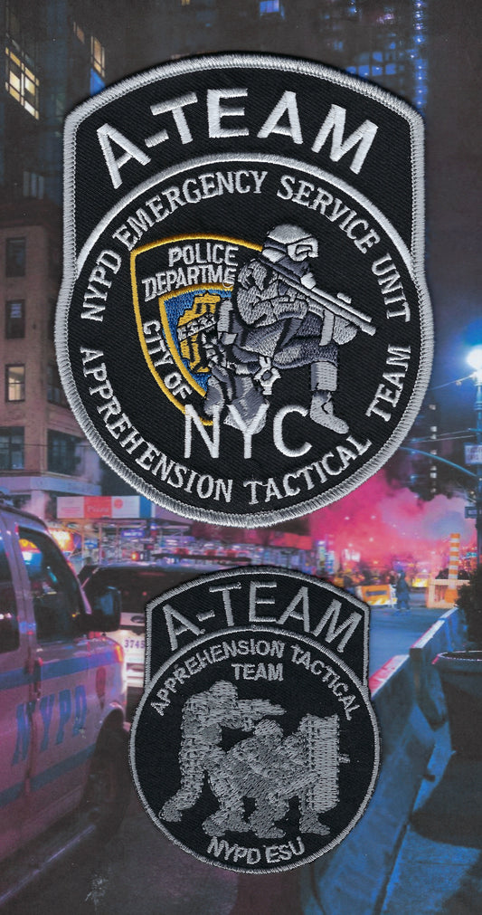 NEW YORK CITY POLICE DEPARTMENT (NYPD) EMERGENCY SERVICE UNIT (ESU) 'APPREHENSION TACTICAL TEAM' EMBROIDERED PATCHES BY PUBLIC SAFETY COLLECTIBLES.