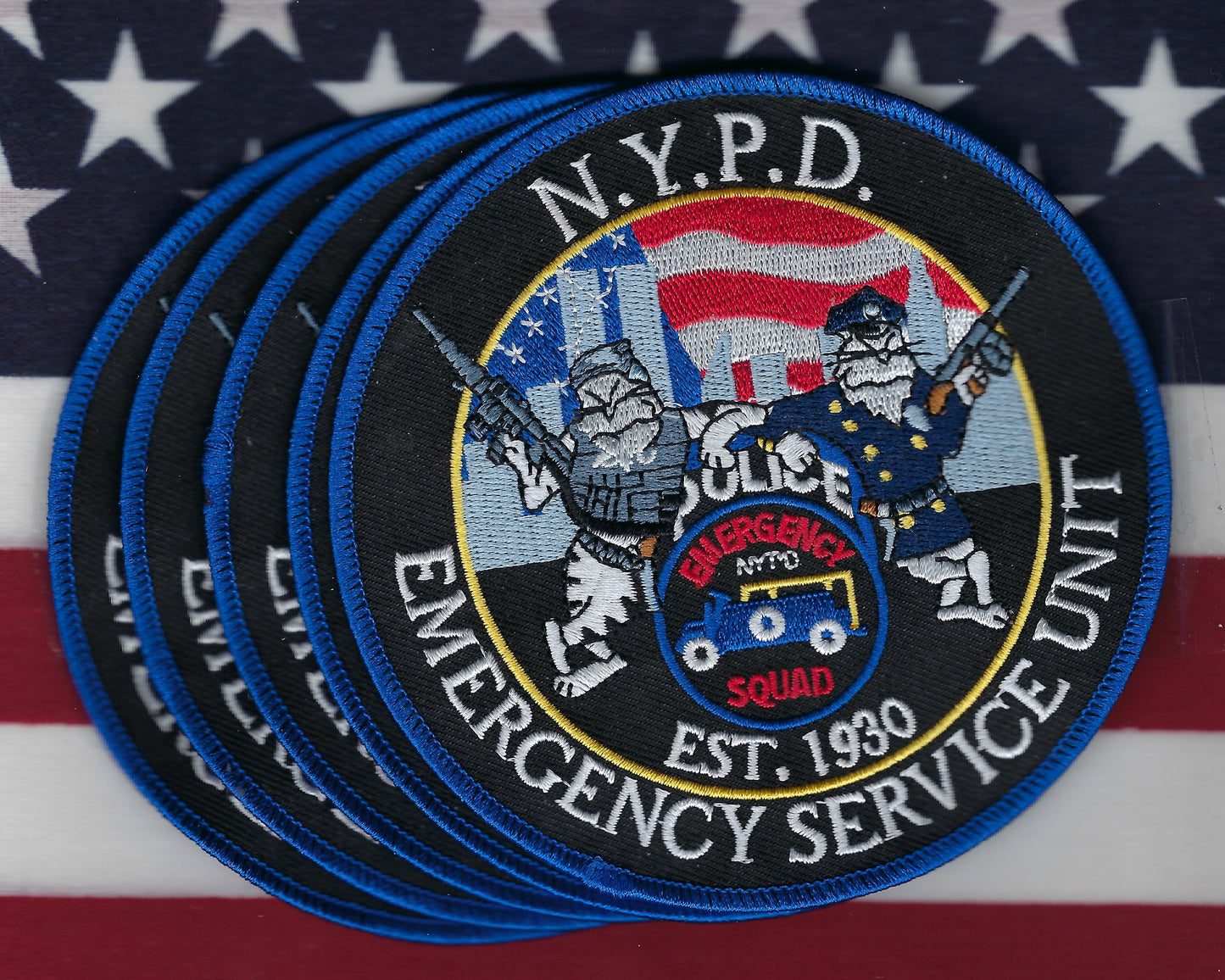 NEW YORK CITY POLICE DEPARTMENT (NYPD) EMERGENCY SERVICE UNIT (ESU) EMBROIDERED 'TOMCAT' PATCHES' (5) DESIGNED AND PRODUCED BY PUBLIC SAFETY COLLECTIBLES.