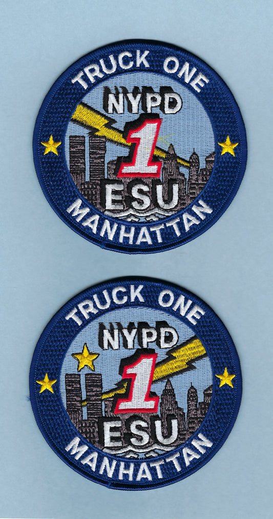 NEW YORK CITY POLICE DEPARTMENT (NYPD) EMERGENCY SERVICE UNIT TRUCK 1 (MANHATTAN) 'MIRRORED' EMBROIDERED PATCH SET BY PUBLIC SAFETY COLLECTIBLES.