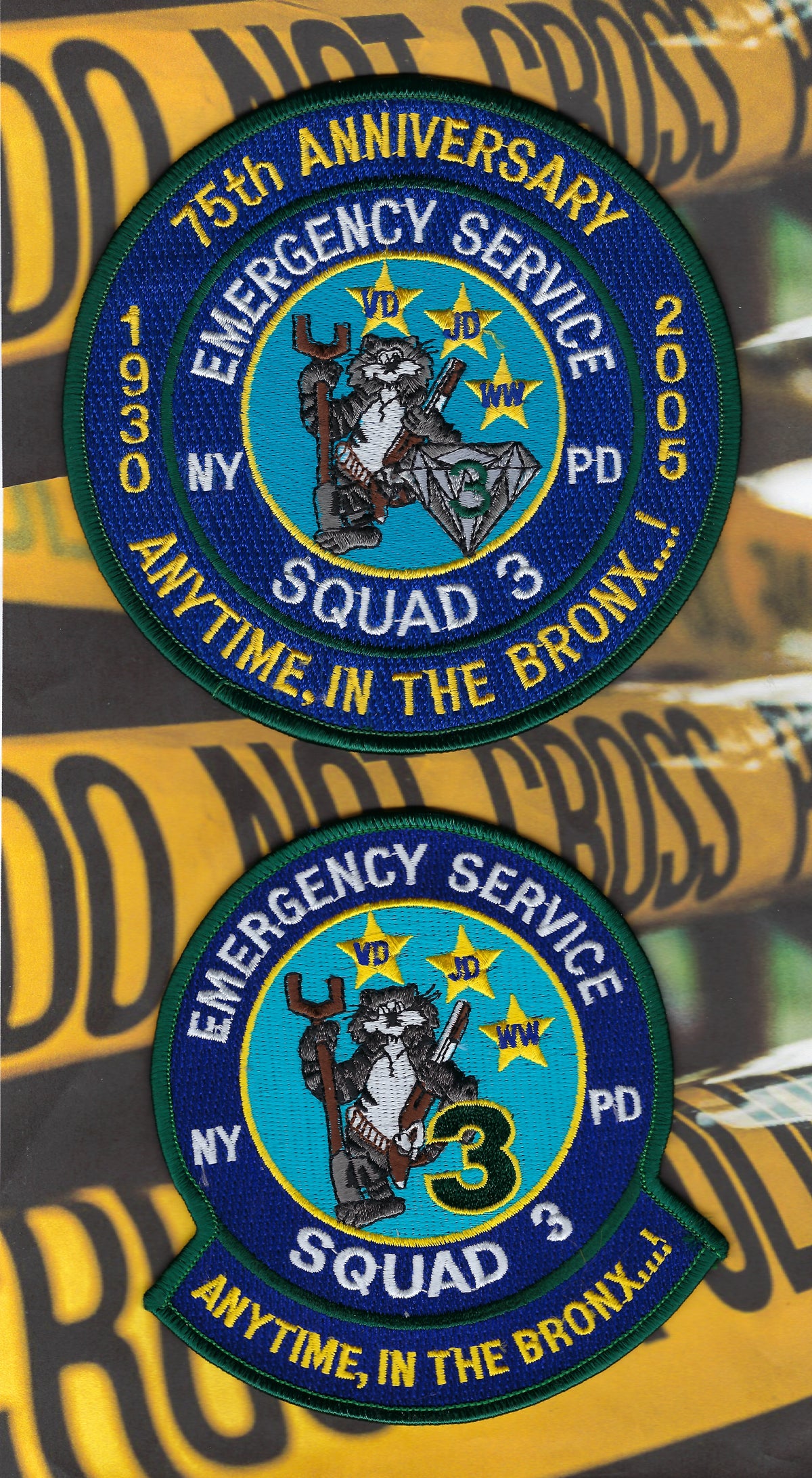 NEW YORK CITY POLICE DEPT (NYPD) EMERGENCY SERVICE UNIT (ESU) SQUAD 3 75TH ANNIVERSARY EMBROIDERED PATCHES.