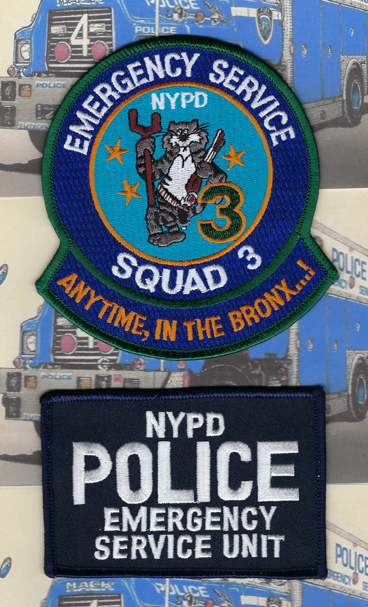 NEW YORK CITY POLICE DEPARTMENT (NYPD) EMERGENCY SERVICE UNIT TRUCK 3 (ANYTIME, IN THE BRONX...!) EMBROIDERED PATCH SET BY PUBLIC SAFETY COLLECTIBLES.