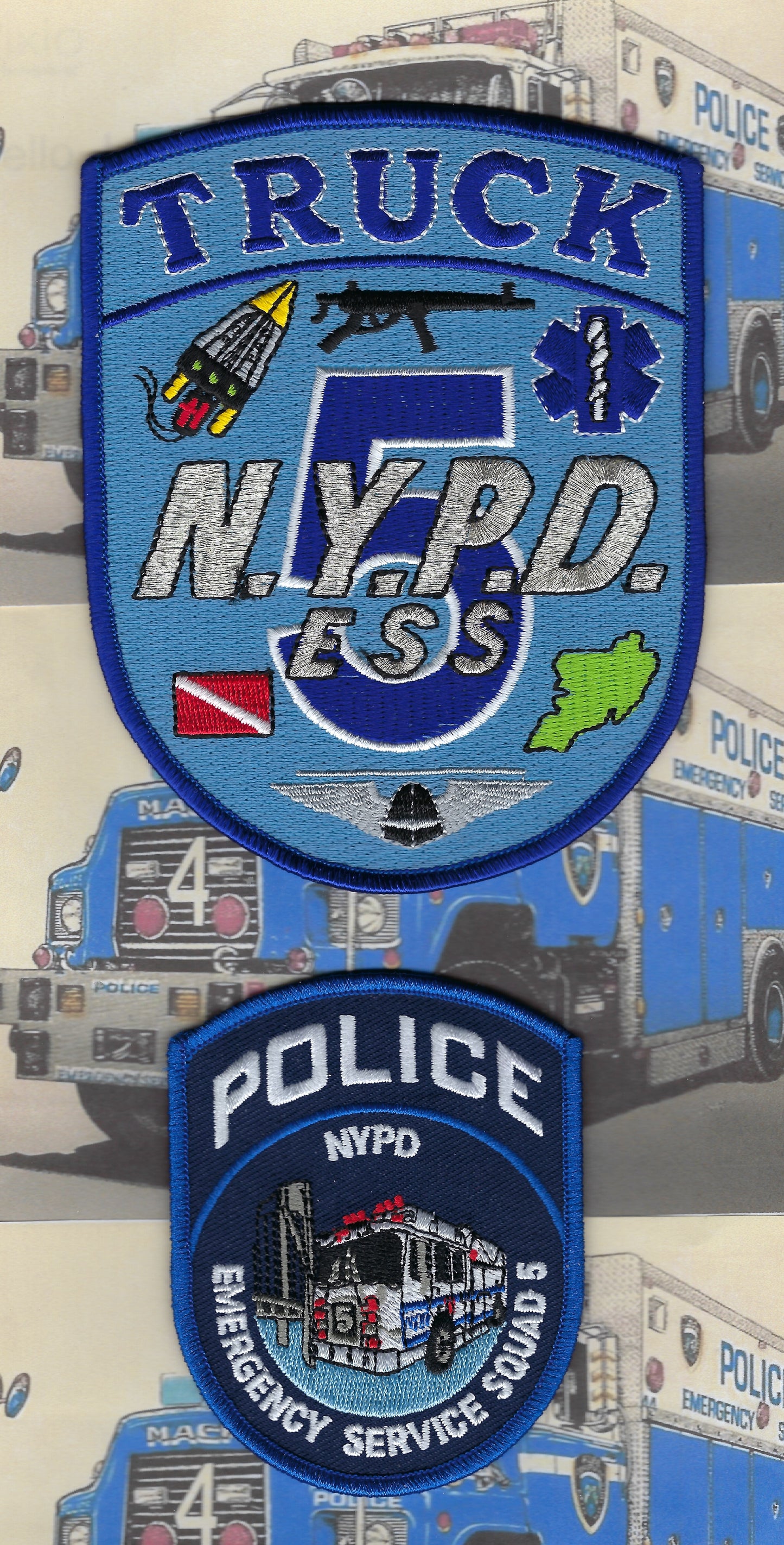 NEW YORK CITY POLICE DEPARTMENT (NYPD) EMERGENCY SERVICE UNIT (ESU) TRUCK 5 EMBROIDERED PATCH SET BY PUBLIC SAFETY COLLECTIBLES.