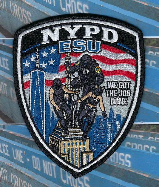 NEW YORK CITY POLICE DEPT (NYPD) EMERGENCY SERVICE UNIT (ESU) 'WE GOT THE JOB DONE' EMBROIDERED PATCH DESIGNED AND PRODUCED BY UNDERDOG PATCH DESIGNS.