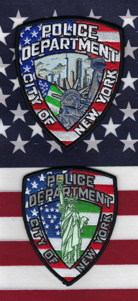 NEW YORK CITY POLICE DEPARTMENT (NYPD) FOURTH OF JULY 5-INCH AND 4.5 INCH EMBROIDERED TRIBUTE PATCHES BY UNDERDOG PATCH PRODUCTIONS AND GHOST PATCH ENTERPRISES.