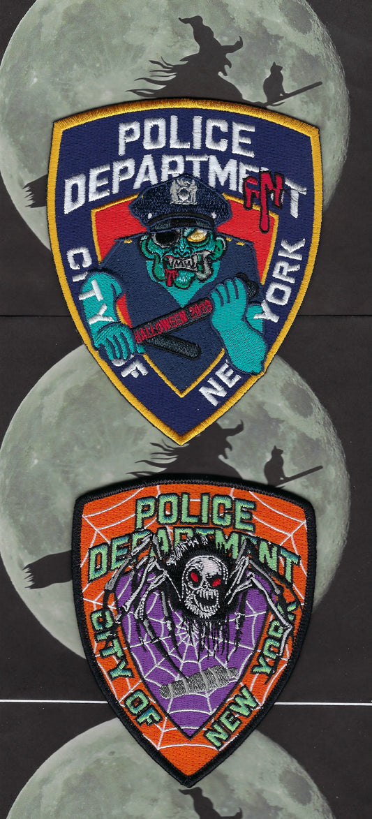 NEW YORK CITY POLICE DEPARTMENT (NYPD) 5-INCH AND 4.5 INCH' HAPPY HALLOWEEN' EMBROIDERED PATCHES BY UNDERDOG PATCH PRODUCTIONS AND GHOST PATCH ENTERPRISES.