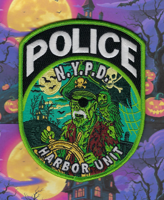 NEW YORK CITY POLICE DEPT (NYPD) HARBOR UNIT 'HAPPY HALLOWEEN' EMBROIDERED PIRATE PATCH.