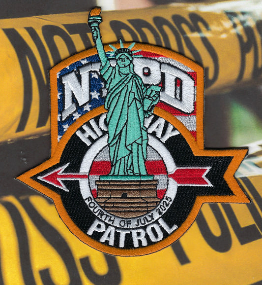 NEW YORK CITY POLICE DEPARTMENT (NYPD) HIGHWAY PATROL 4.5 INCH 'FOURTH OF JULY' EMBROIDERED PATCH BY UNDERDOG PATCH DESIGNS.