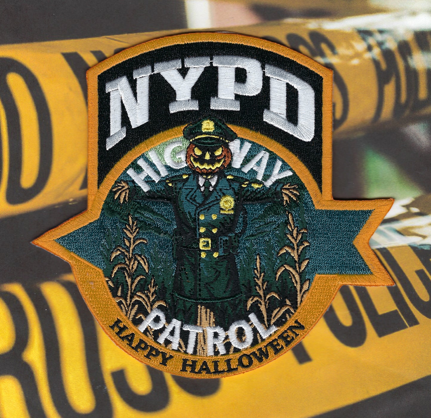 NEW YORK CITY POLICE DEPARTMENT (NYPD) HIGHWAY PATROL 'HAPPY HALLOWEEN' EMBROIDERED PATCH BY UNDERDOG PATCH DESIGNS.