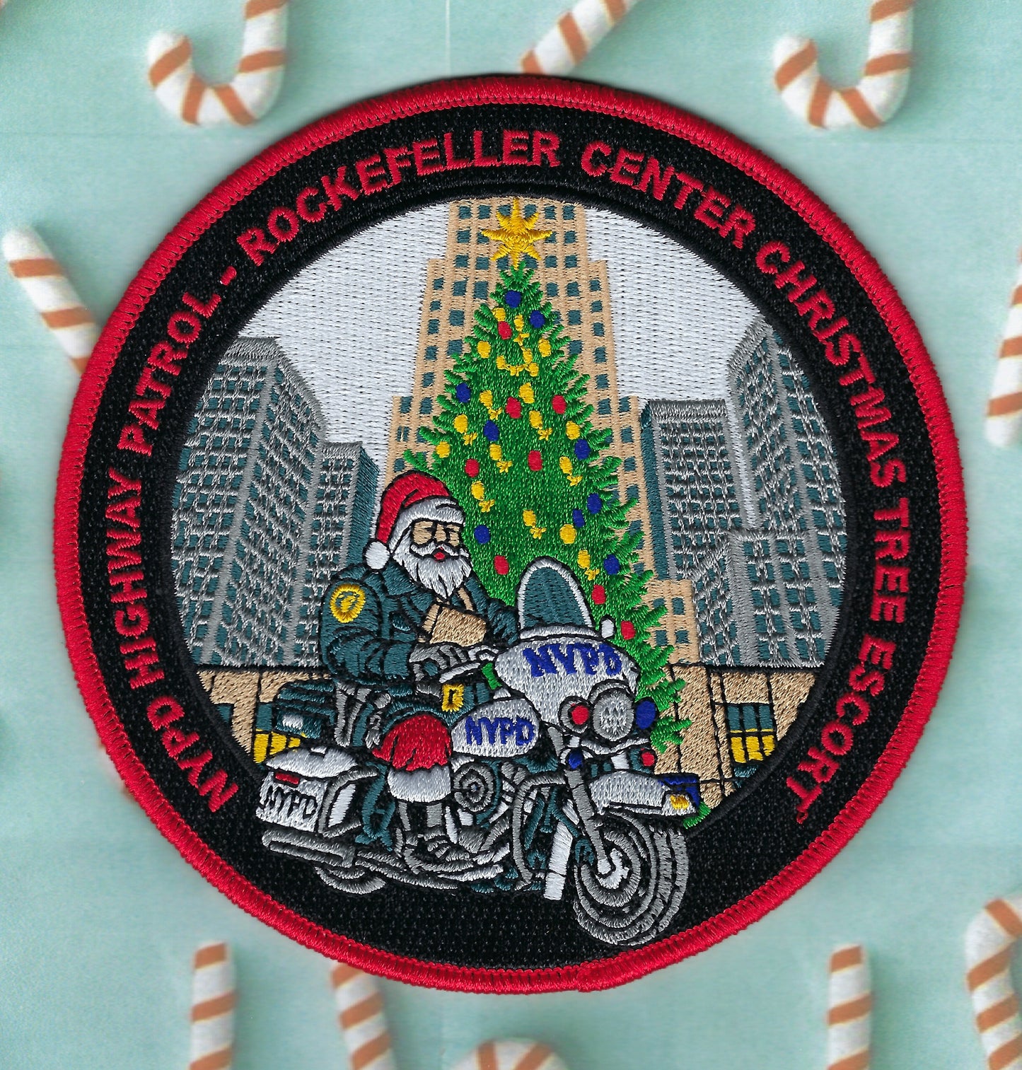 NEW YORK CITY POLICE DEPARTMENT (NYPD) HIGHWAY PATROL UNIT 'ROCKEFELLER CENTER CHRISTMAS TREE ESCORT' EMBROIDERED PATCH BY UNDERDOG PATCH DESIGNS. 🚓