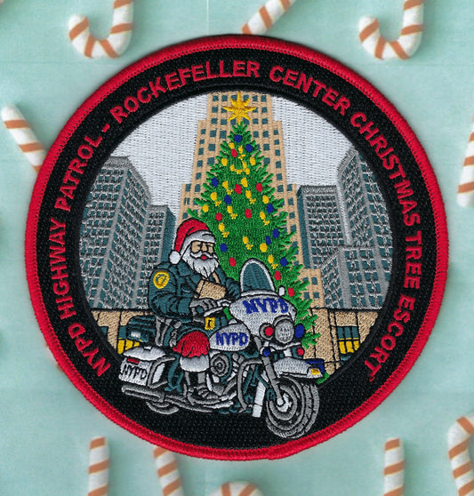 NEW YORK CITY POLICE DEPARTMENT (NYPD) HIGHWAY PATROL UNIT 'ROCKEFELLER CENTER CHRISTMAS TREE ESCORT' EMBROIDERED PATCH BY UNDERDOG PATCH DESIGNS. 🚓