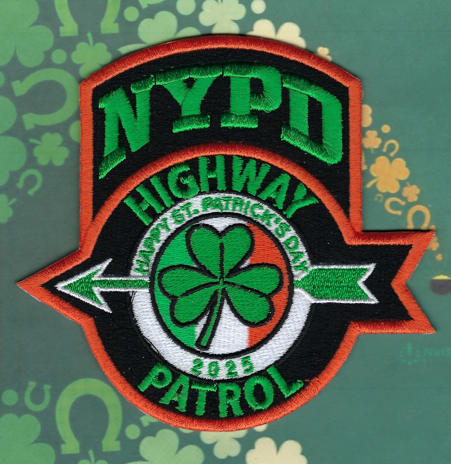 NEW YORK CITY POLICE DEPARTMENT (NYPD) HIGHWAY PATROL UNIT 'HAPPY SAINT PATRICK'S DAY' EMBROIDERED PATCH BY UNDERDOG PATCH DESIGNS.
