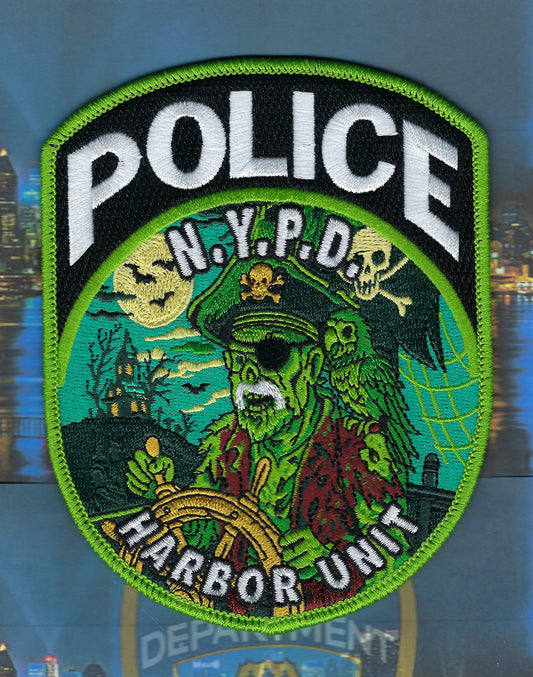 NEW YORK CITY POLICE DEPARTMENT (NYPD) HARBOR UNIT 'HAPPY HALLOWEEN' EMBROIDERED PIRATE PATCH DESIGNED AND PRODUCED BY UNDERDOG PATCH DESIGNS.