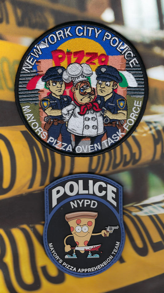 NEW YORK CITY POLICE DEPARTMENT (NYPD) MAYORS PIZZA OVEN TASK FORCE EMBROIDERED PATCHES DESIGNED AND PRODUCED BY UNDERDOG PATCH DESIGNS.