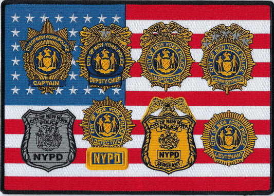 NEW YORK CITY POLICE DEPARTMENT (NYPD) 10-INCH X 7-INCH 'FOURTH OF JULY RANKS' FLAG EMBROIDERED PATCH BY UNDERDOG PATCH DESIGNS.