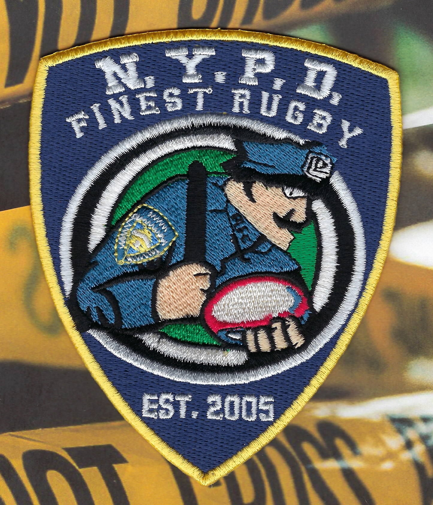 NEW YORK CITY POLICE DEPARTMENT (NYPD) 'FINEST RUGBY TEAM' EMBROIDERED TRIBUTE PATCH DESIHGNED AND PRODUCED BY PUBLIC SAFETY COLLECTIBLES.