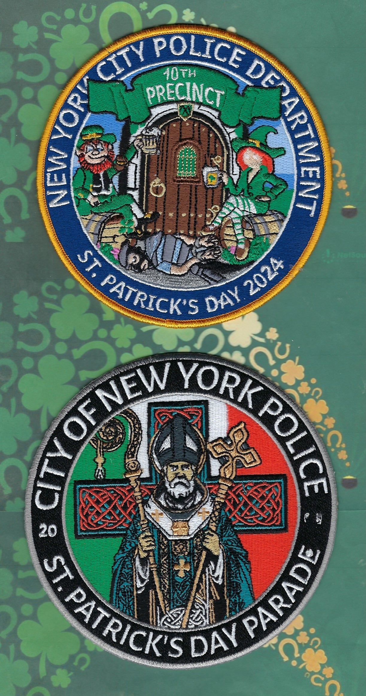 NEW YORK CITY POLICE DEPT 'SAINT PATRICK'S DAY' EMBROIDERED PATCH SET DESIGNED AND PRODUCED BY UNDERDOG PATCH PRODUCTIONS.
