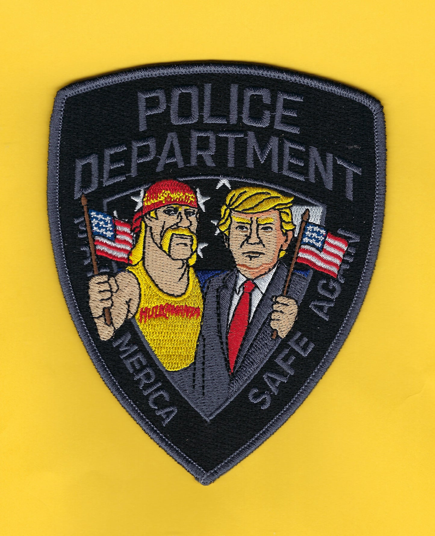 NEW YORK CITY POLICE DEPARTMENT (NYPD) 5-INCH 'PRESIDENT TRUMP AND HULK HOGAN' MAKE AMERICA SAFE AGAIN EMBROIDERED PATCH BY UNDERDOG PATCH DESIGNS.