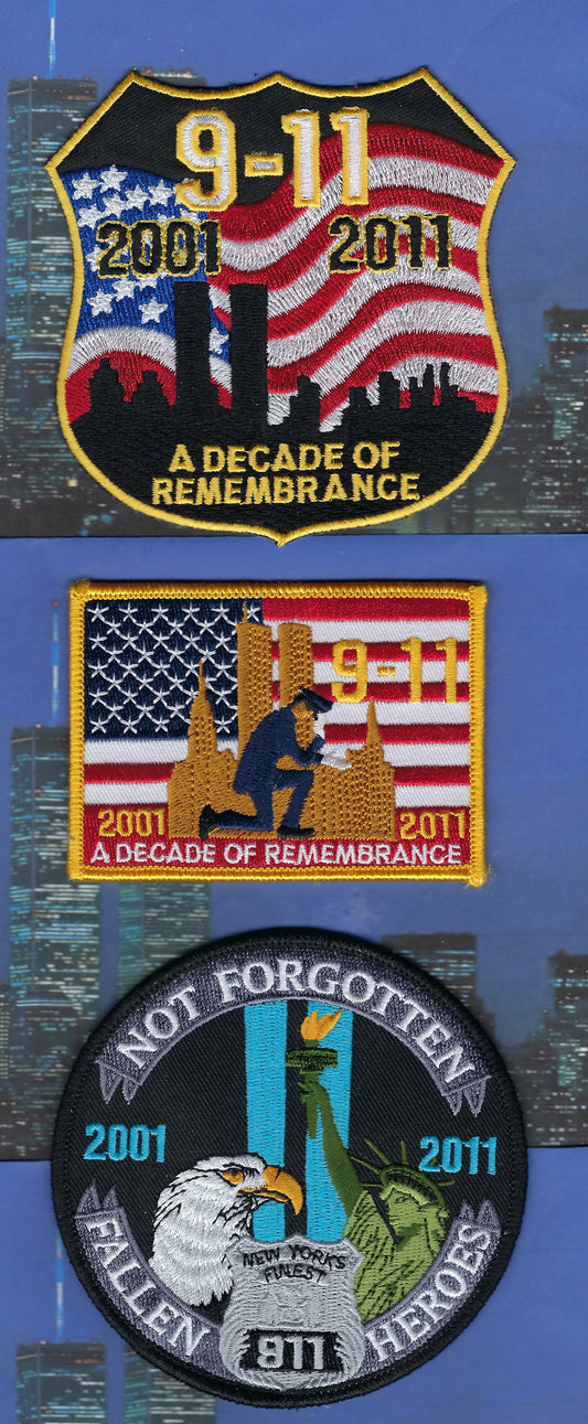 NEW YORK CITY POLICE DEPARTMENT (NYPD) WORLD TRADE CENTER 9-11-01 TWIN TOWERS DECADE OF REMEMBRANCE EMBROIDERED PATCHES BY PUBLIC SAFETY COLLECTIBLES.