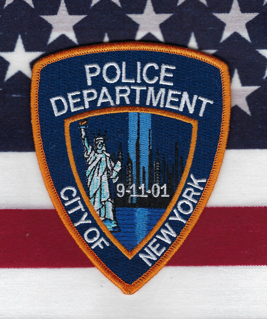 NEW YORK CITY POLICE DEPARTMENT (NYPD) WORLD TRADE CENTER 4-INCH EMBROIDERED TRIBUTE PATCH BY STEALTH PATCH PRODUCTIONS.