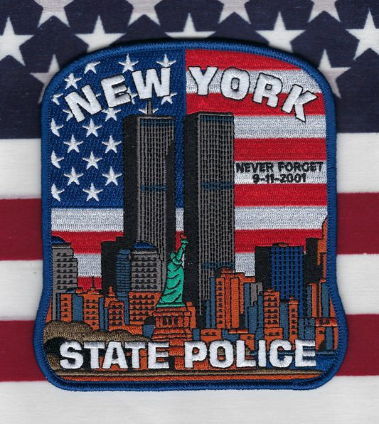 NEW YORK STATE POLICE (NYSP) DEPARTMENT 5.5 INCH 09-11-01 'TUNNEL TO TOWERS' EMBROIDERED TRIBUTE PATCH BY UNDERDOG PATCH DESIGNS.