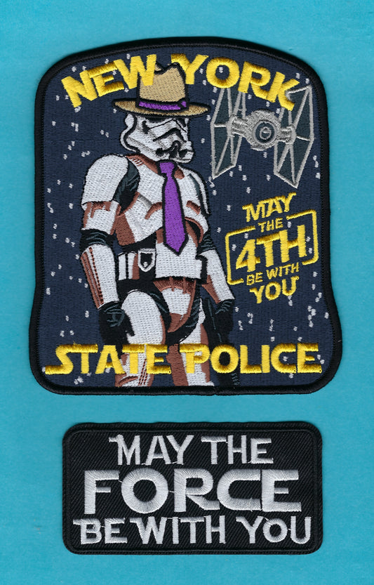 NEW YORK STATE POLICE DEPARTMENT (NYSP) 5.5 INCH MAY THE 4TH BE WITH YOU STAR WARS EMBROIDERED PATCH BY UNDERDOG PATCH DESIGNS.
