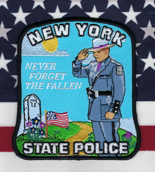 NEW YORK STATE POLICE (NYSP) DEPARTMENT 'NEVER FORGET THE FALLEN' EMBROIDERED PATCH BY UNDERDOG PATCH DESIGNS.