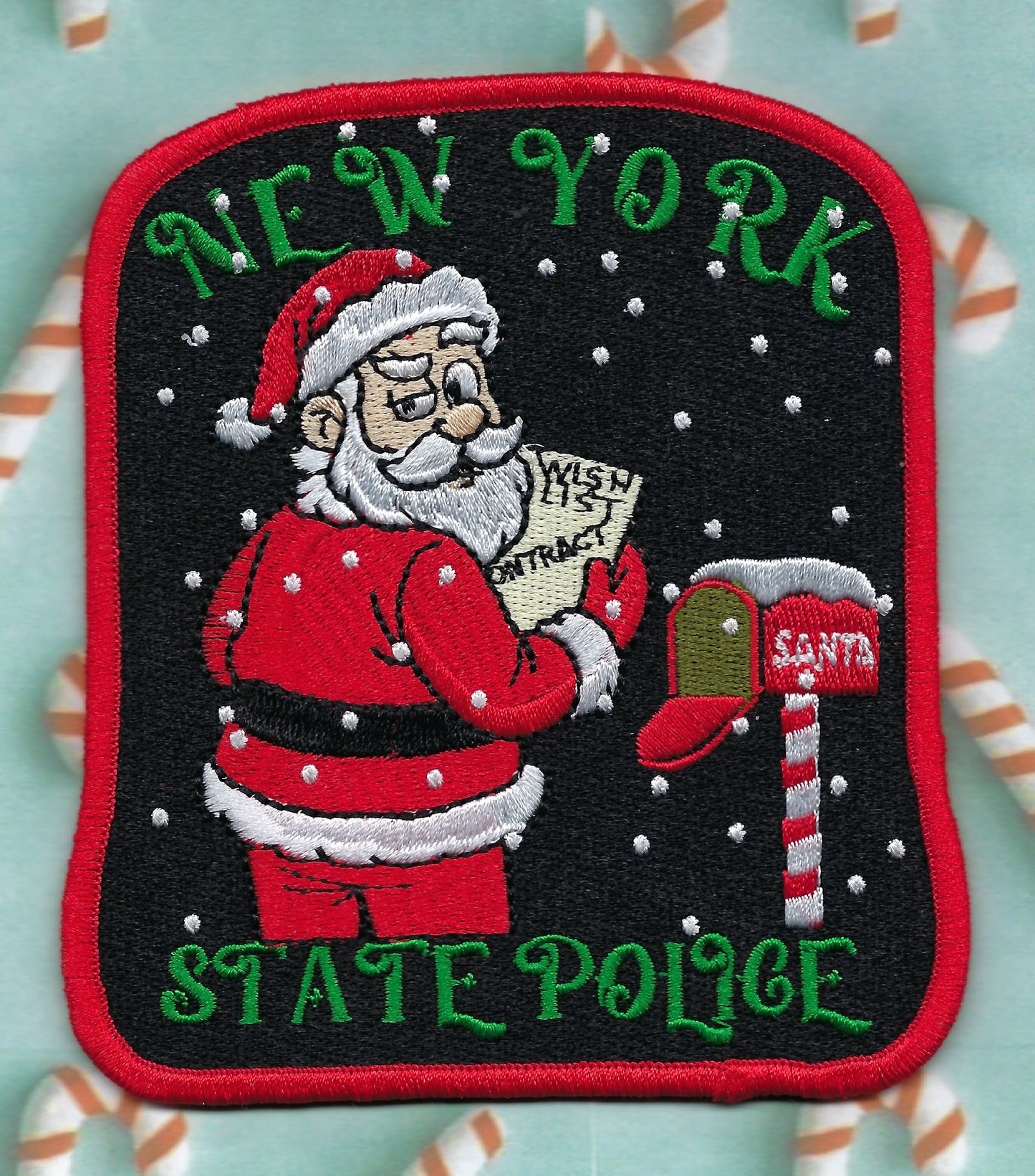 NEW YORK STATE POLICE (NYSP) DEPARTMENT MERRY CHRISTMAS 'SANTA CLAUS' EMBROIDERED PATCH BY GHOST PATCH ENTERPRISES.