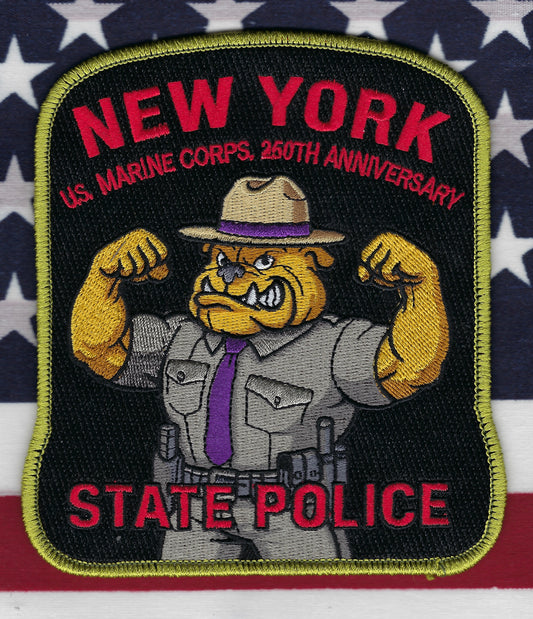 NEW YORK STATE POLICE DEPARTMENT (NYSP) UNITED STATES MARINE CORPS (USMC) 250th ANNIVERSARY EMBROIDERED TRIBUTE PATCH DESIGNED AND PRODUCED BY UNDERDOG PATCH DESIGNS.