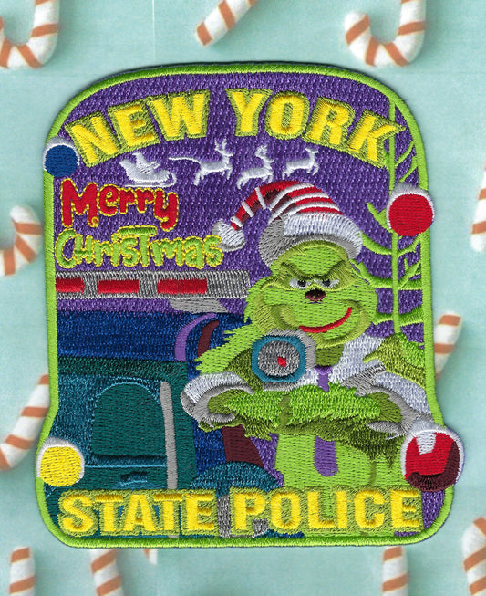 NEW YORK STATE POLICE (NYSP) DEPARTMENT MERRY CHRISTMAS 'GRINCH' EMBROIDERED PATCH BY PUBLIC SAFETY COLLECTIBLES.