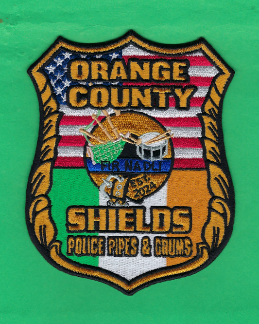 ORANGE COUNTY, NEW YORK SHIELDS LIMITED EDITION 5-INCH PIPES AND DRUMS EMBROIDERED PATCH BY UNDERDOG PATCH DESIGNS