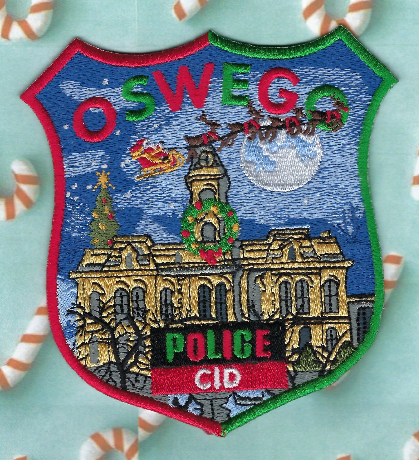 OSWEGO, NEW YORK POLICE DEPARTMENT CID MERRY CHRISTMAS EMBROIDERED PATCH DESIGNED AND PRODUCED BY UNDERDOG PATCH DESIGNS