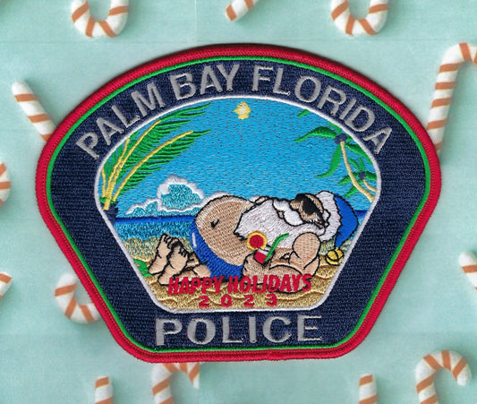 PALM BAY, FLORIDA POLICE DEPARTMENT 'HAPPY HOLIDAYS 2023' EMBROIDERED PATCH DESIGNED AND PRODUCED BY UNDERDOG PATCH DESIGNS.