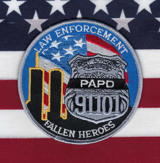 PORT AUTHORITY POLICE DEPARTMENT (PAPD) OF NEW YORK-NEW JERSEY 'FALLEN HEROES OF 9-11-01' EMBROIDERED TRIBUTE PATCH BY PUBLIC SAFETY COLLECTIBLES.