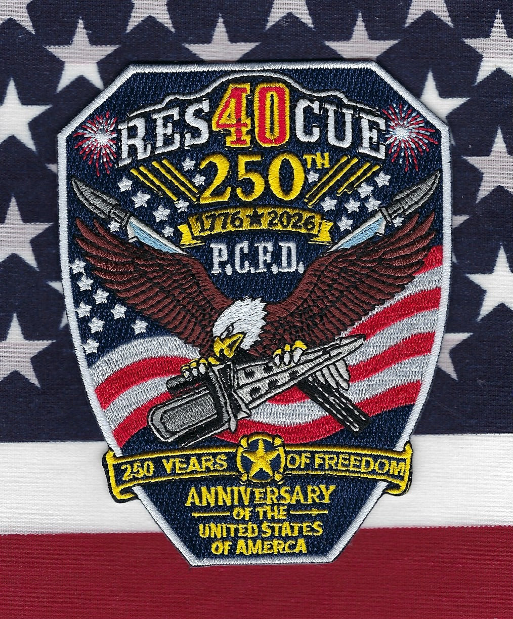 PORT CHESTER, NEW YORK ( WESTCHESTER COUNTY ) FIRE DEPT RESCUE COMPANY 40 'USA 250TH BIRTHDAY) EMBROIDERED PATCH BY UNDERDOG PATCH PRODUCTIONS