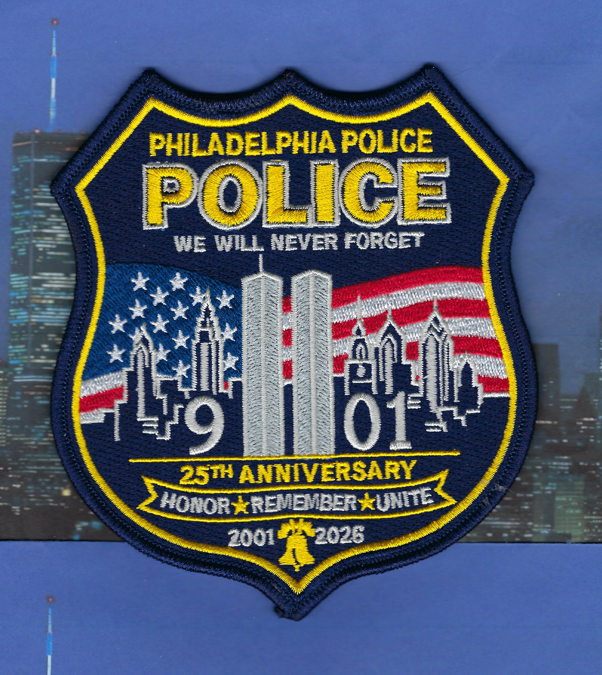 PHILADELPHIA, PENNSYLVANIA POLICE DEPT (PPD) 'WORLD TRADE CENTER 9-11-01 25TH ANNIVERSARY' EMBROIDERED TRIBUTE PATCH.