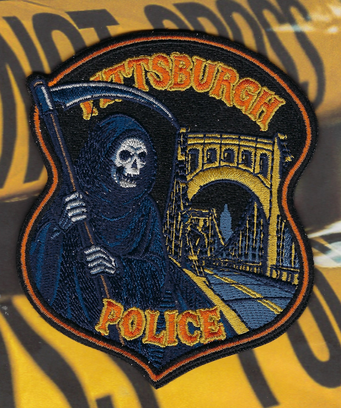 PITTSBURGH, PENNSYLVANIA POLICE DEPARTMENT 'HAPPY HALLOWEEN' GRIM REAPER EMBROIDERED PATCH BY GHOST PATCH PRODUCTIONS.