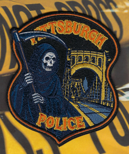 PITTSBURGH, PENNSYLVANIA POLICE DEPARTMENT 'HAPPY HALLOWEEN' GRIM REAPER EMBROIDERED PATCH BY GHOST PATCH PRODUCTIONS.