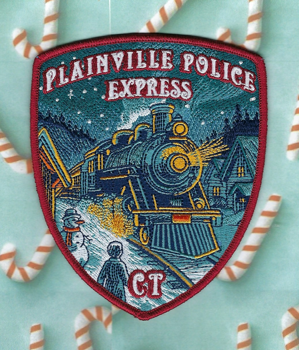 PLAINVILLE, CONNECTICUT POLICE DEPT 'HOLIDAY EXPRESS' EMBROIDERED PATCH BY GHOST PATCH ENTERPRISES.