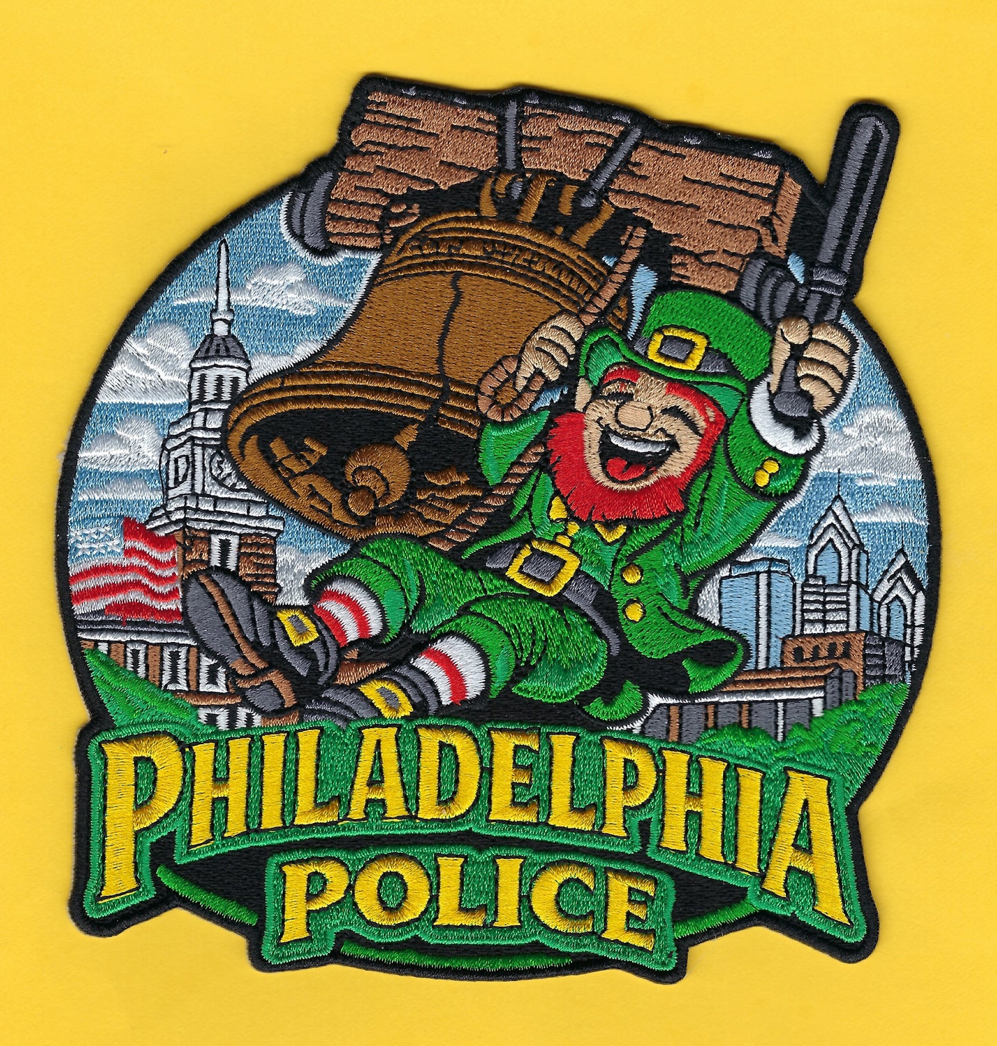 PHILADELPHIA, PENNSYLVANIA POLICE DEPARTMENT LIBERTY BELL 'SAINT PATRICK'S DAY' EMBROIDERED PATCH BY UNDERDOG PATCH PRODUCTIONS.