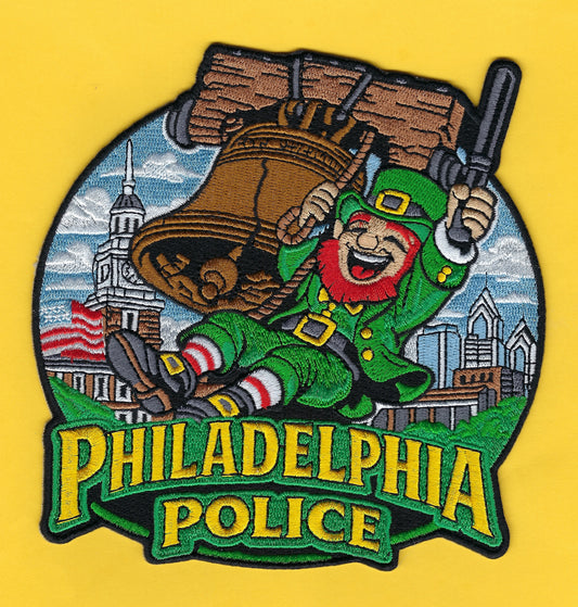 PHILADELPHIA, PENNSYLVANIA POLICE DEPARTMENT LIBERTY BELL 'SAINT PATRICK'S DAY' EMBROIDERED PATCH BY UNDERDOG PATCH PRODUCTIONS.