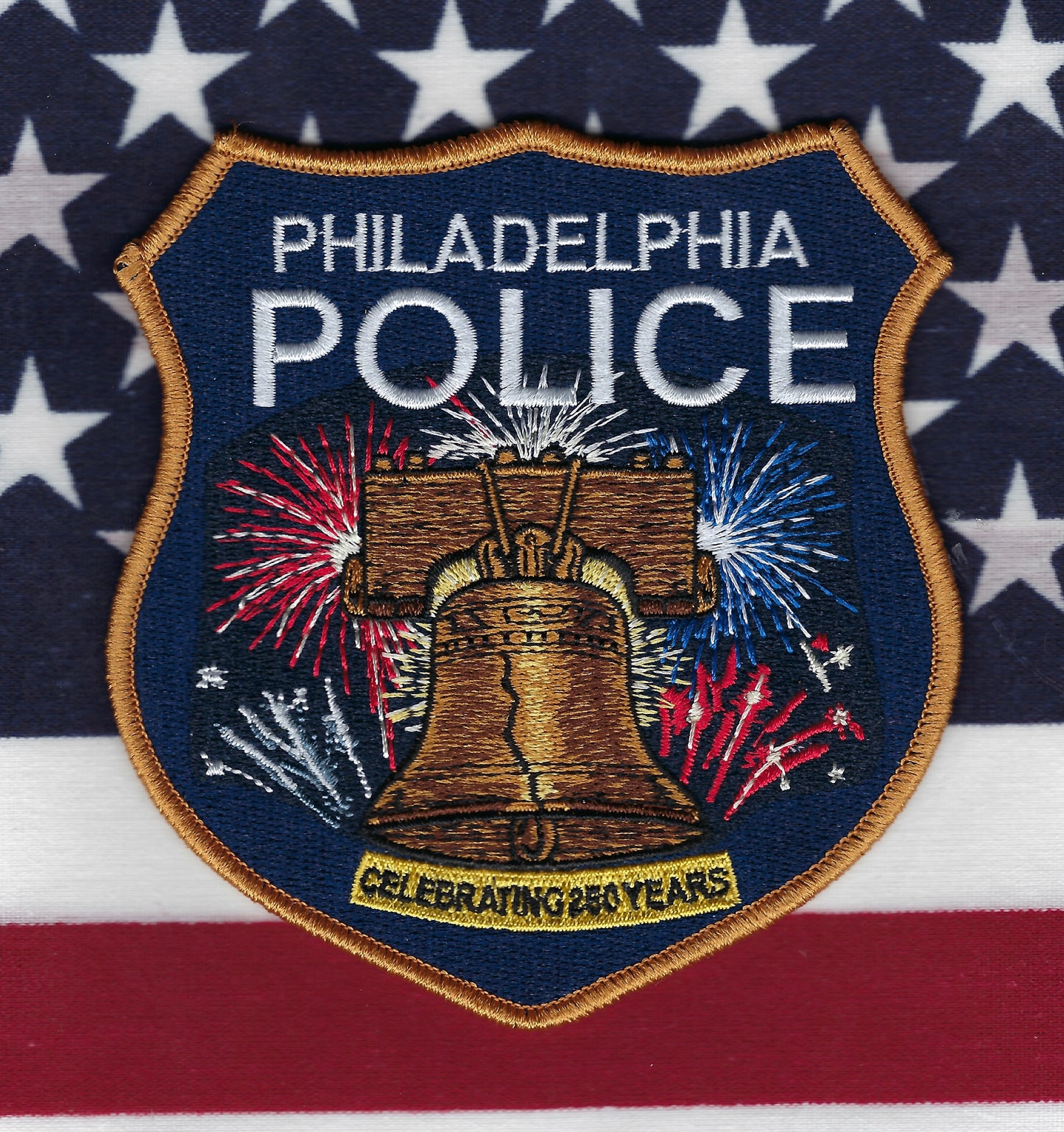 PHILADELPHIA, PENNSYLVANIA POLICE DEPT (PPD) 'AMERICA 250TH ANNIVERSARY' EMBROIDERED PATCH BY STEALTH PATCH PRODUCTIONS.
