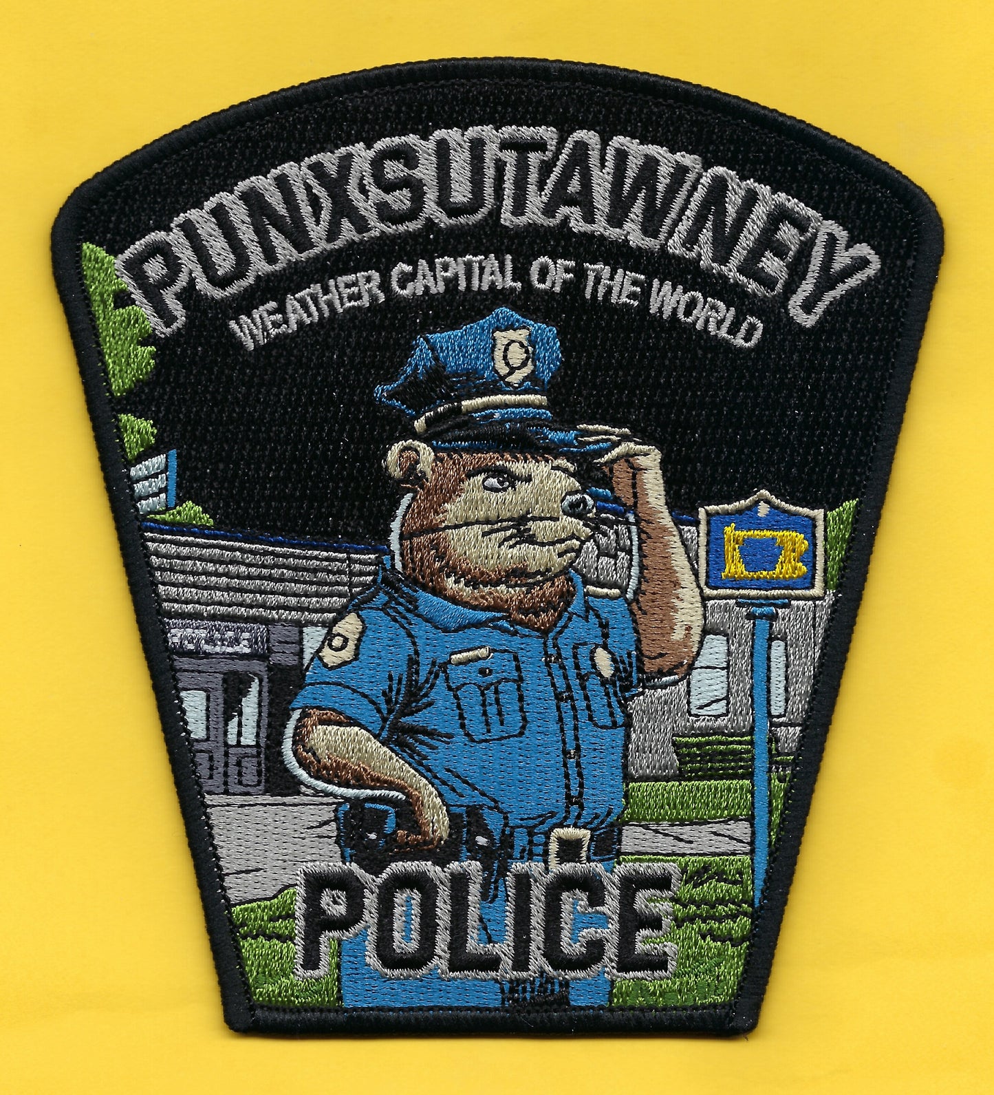PUNXSUTAWNEY, PENNSYLVANIA POLICE DEPARTMENT 'WEATHER CAPITAL OF THE WORLD' EMBROIDERED PATCH DESIGNED AND PRODUCED BY GHOST PATCH ENTERPRISES.