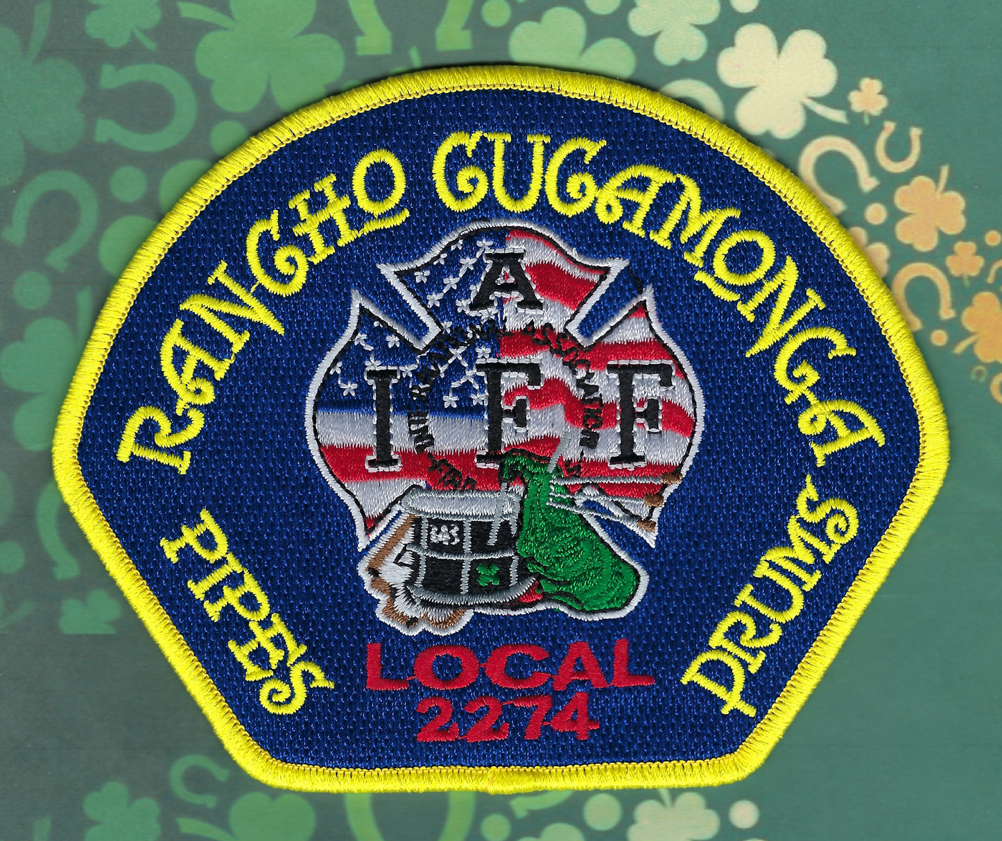 RANCHO CUCAMONGA, CALIFORNIA FIRE DEPARTMENT LOCAL 2274 PIPES AND DRUMS EMBROIDERED PATCH BY PUBLIC SAFETY COLLECTIBLES.