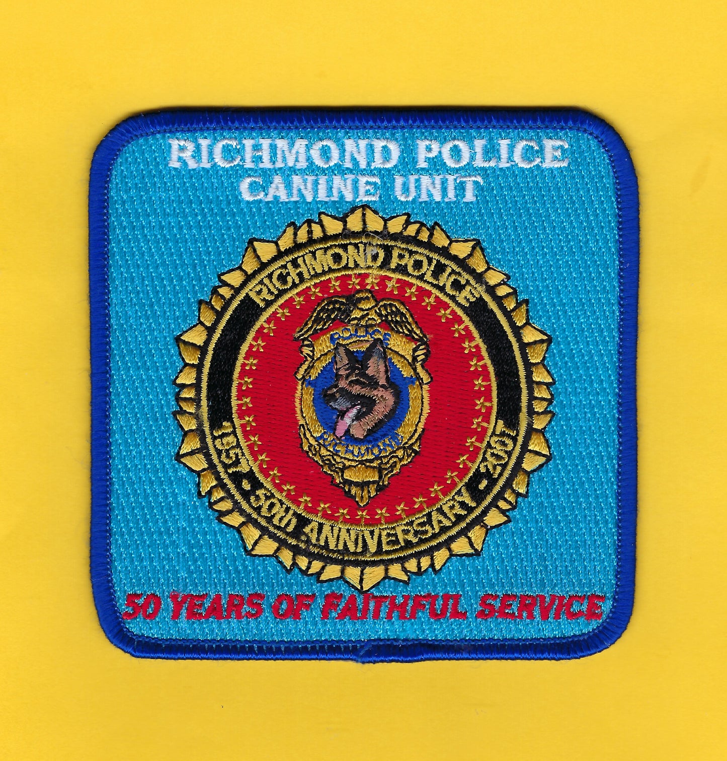 RICHMOND, VIRGINIA POLICE DEPARTMENT 4-INCH CANINE UNIT 50TH ANNIVERSARY ( 1957-2007 ) EMBROIDERED PATCH BY HUNTZMAN ENTERPRISES.